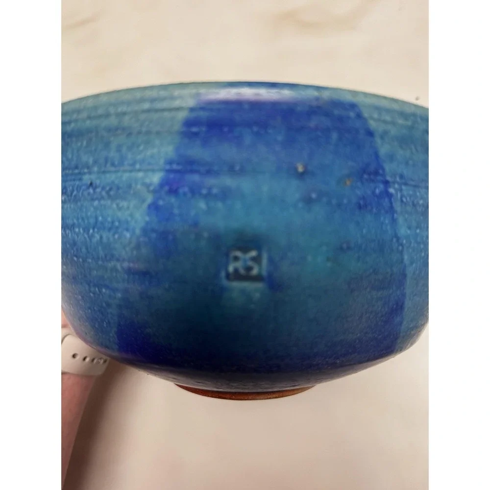 Vintage Handmade Earthenware Serving Bowl‎ In Aqua And Blue 8.5 In